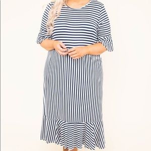 Plus Size Striped, Stretchy Dress with Bell Sleeves